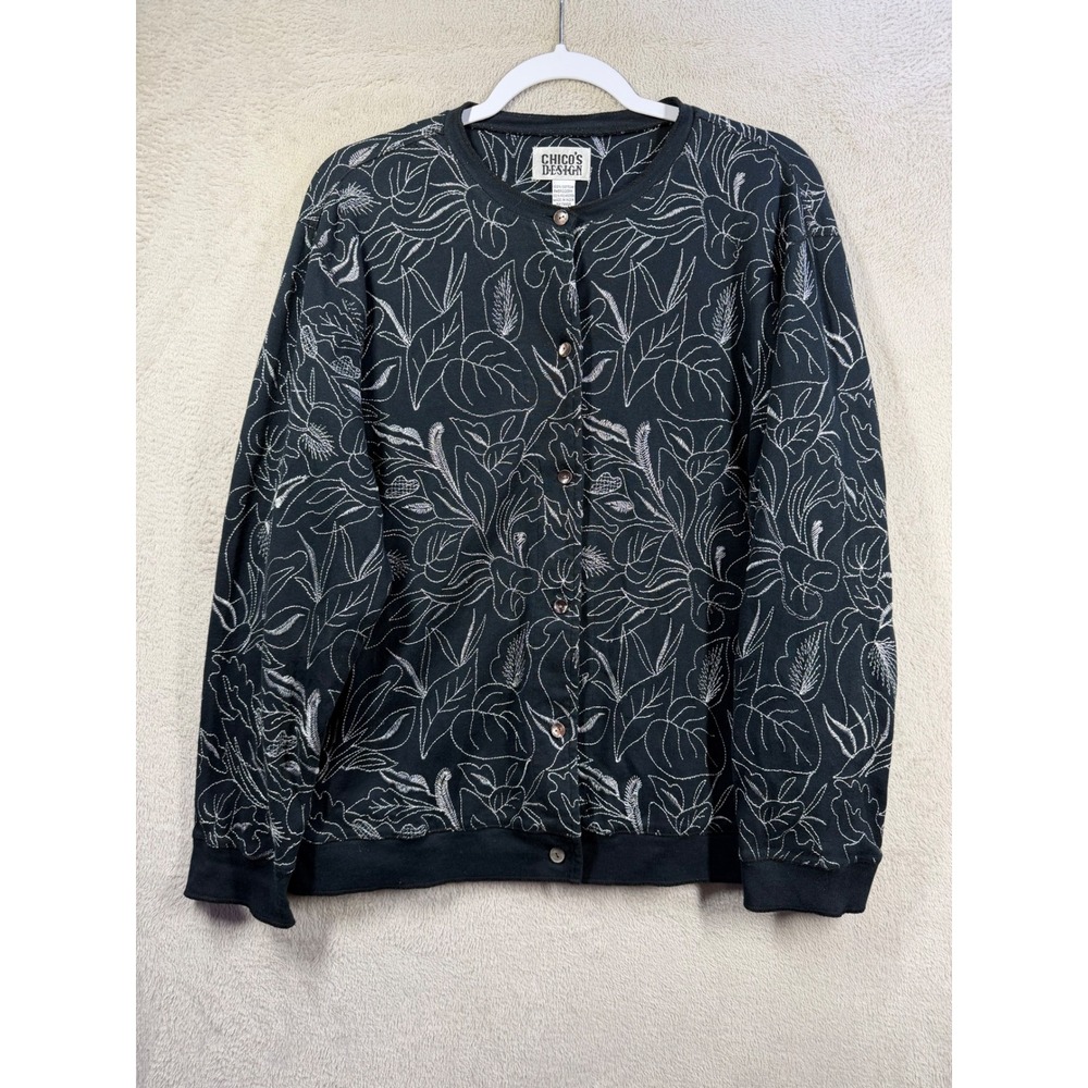 Chico's Design Women XL Black White Embroidered Floral Knit Button Front